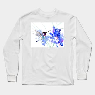 Flying Hummingbird anf Blue Flowers Long Sleeve T-Shirt